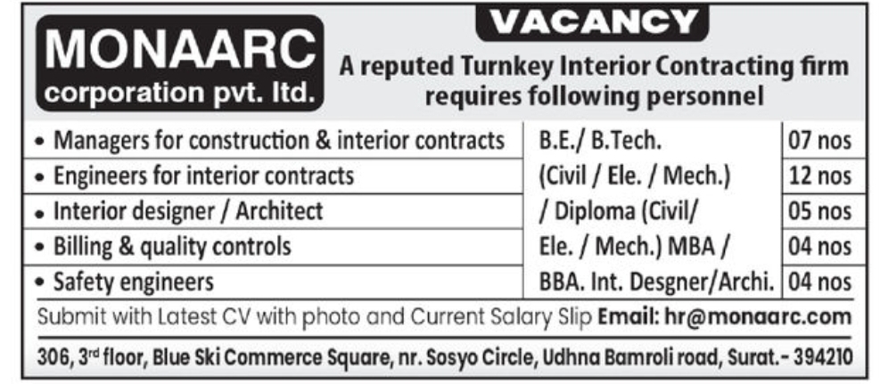 🏗️ Vacancy – Monaarc Corporation Pvt. Ltd., Surat
