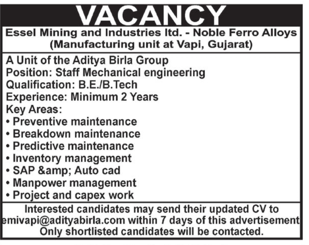 ⚙️ Vacancy – Staff Mechanical Engineer