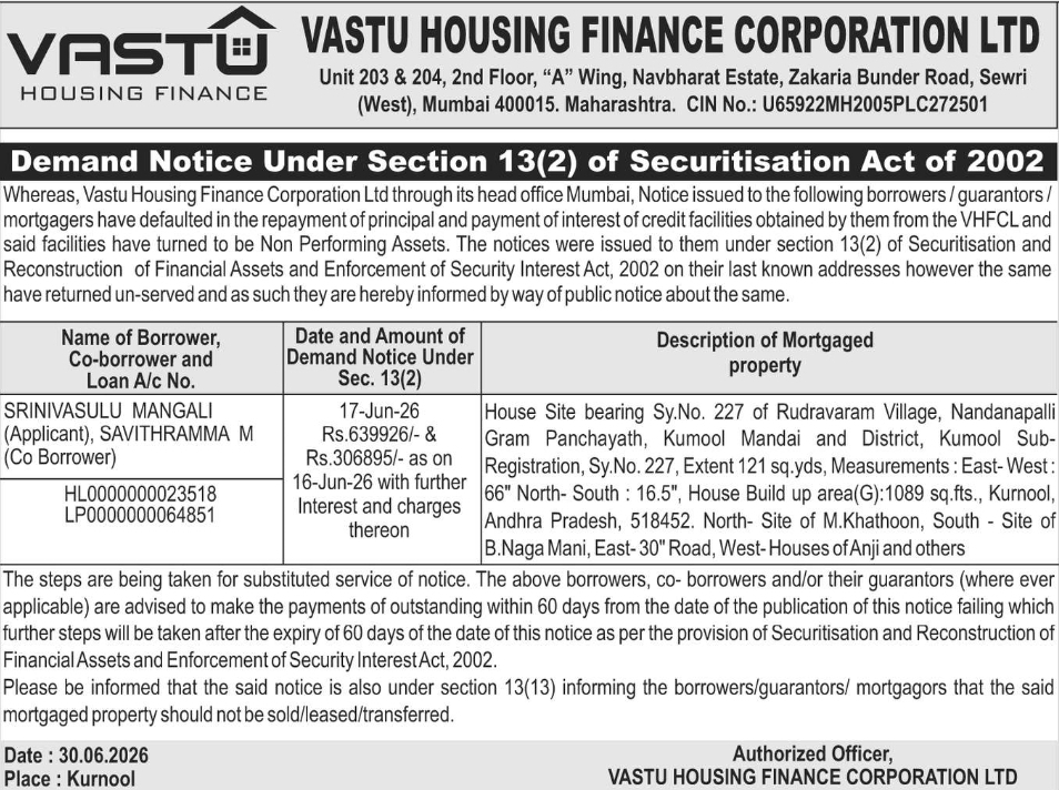 🏦 Vastu Housing Finance Corporation Ltd. – Demand Notice