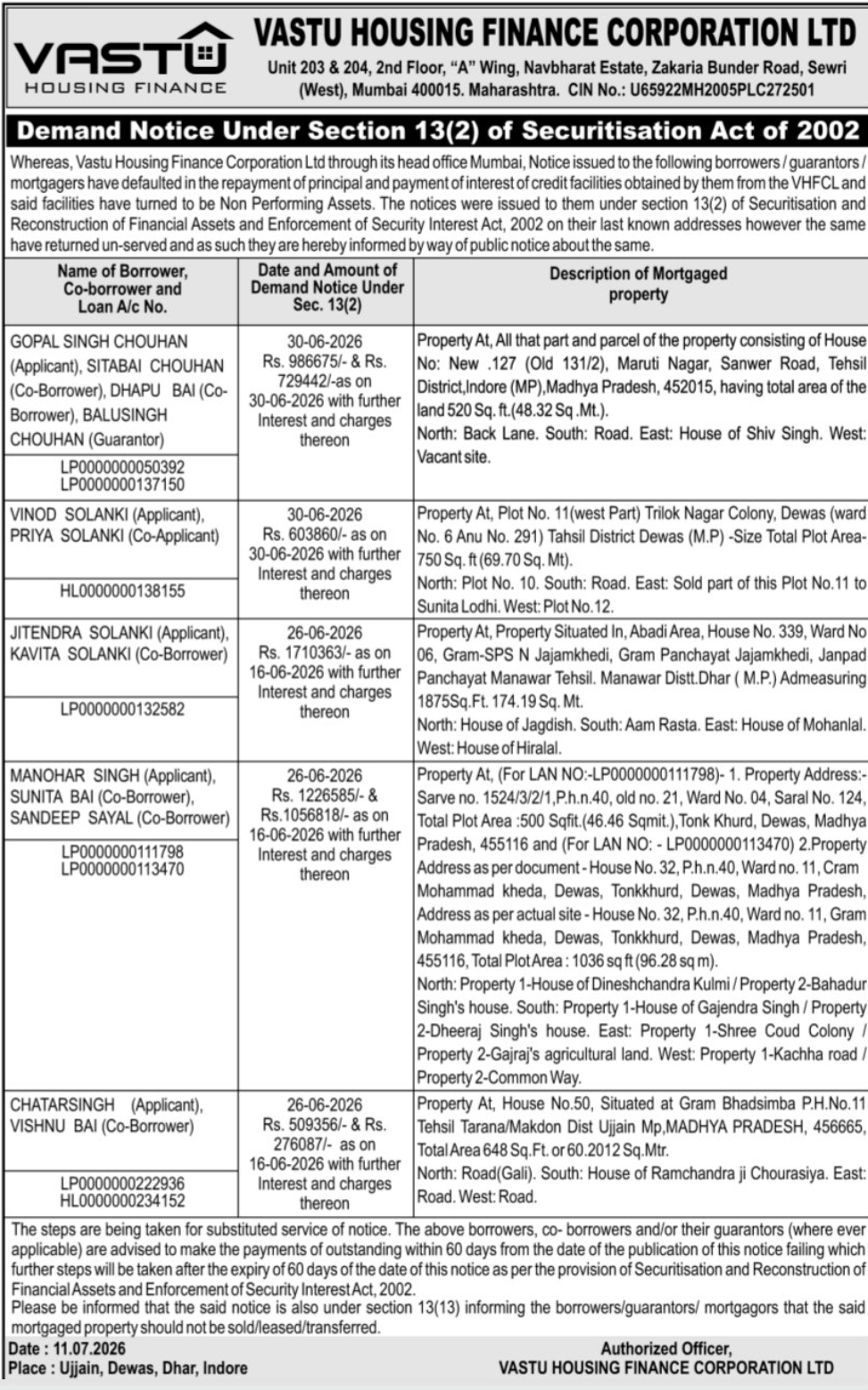 🏦 Vastu Housing Finance Corporation Ltd. – Demand Notice