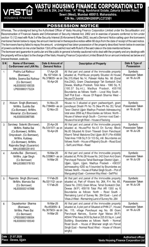 📢 Vastu Housing Finance Issues Possession Notice