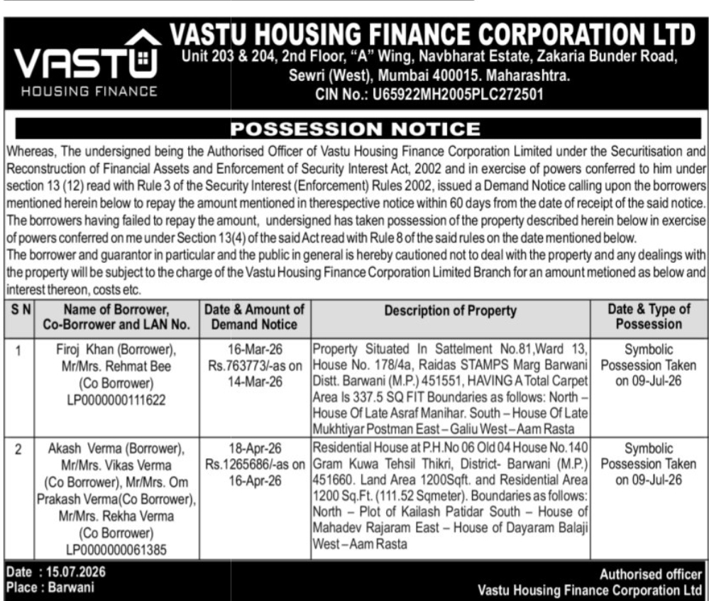 Vastu Housing Finance – Possession Notice