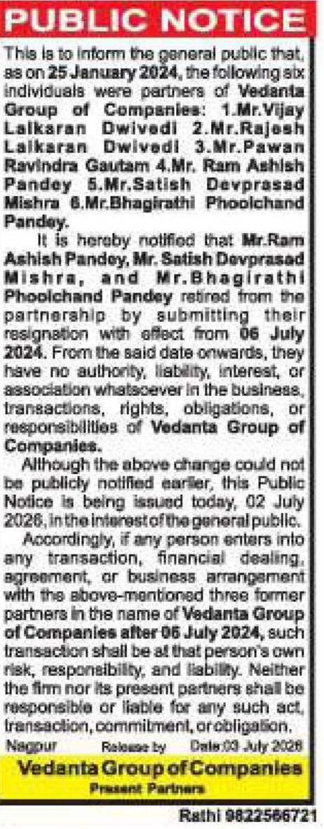 📢 Vedanta Group Public Notice