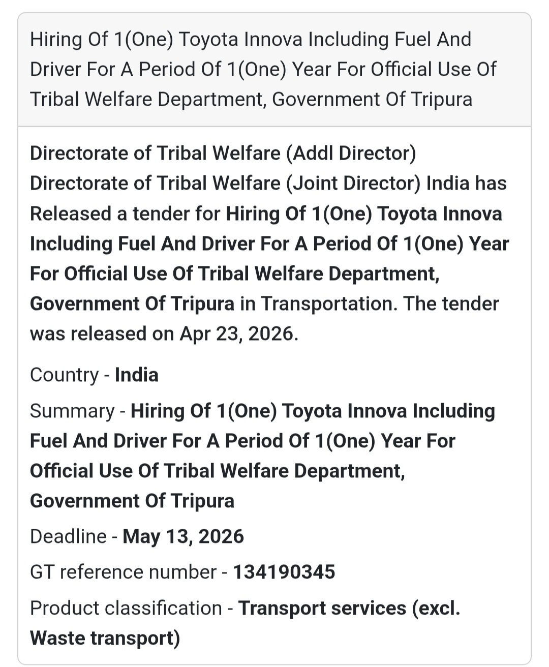 🚗 Vehicle Hiring – Govt. Use