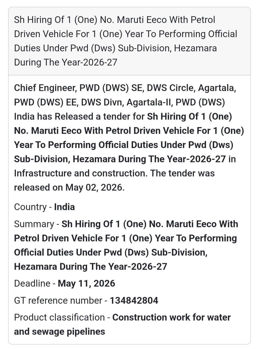 Vehicle Hiring Tender