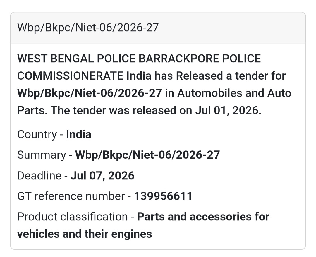 🚓 Vehicle Parts Supply Tender | Barrackpore, West Bengal