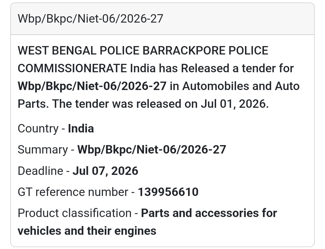 🚓 Vehicle Parts Supply Tender | Barrackpore, West Bengal