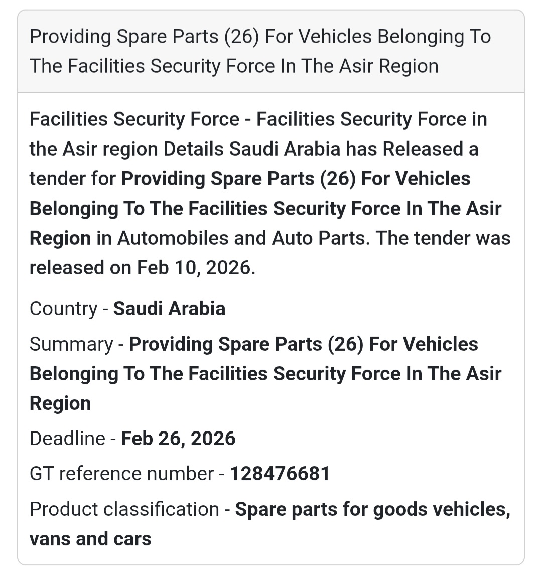 🚙 Vehicle Spare Parts (26 Items) – Asir Region