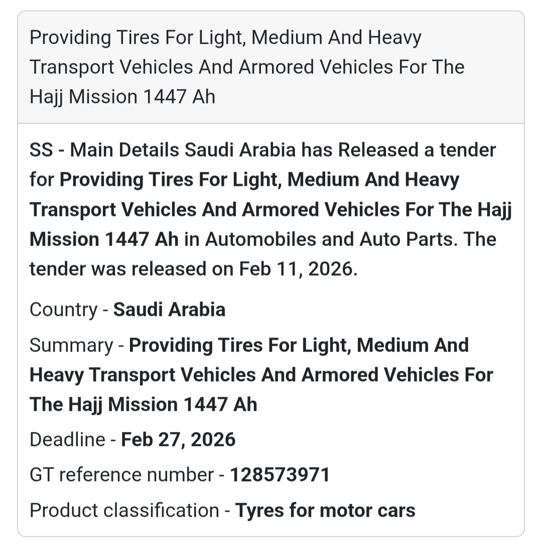 🚛 Vehicle Tires – Hajj Mission 1447 AH 🏢 Organization: SS – Main