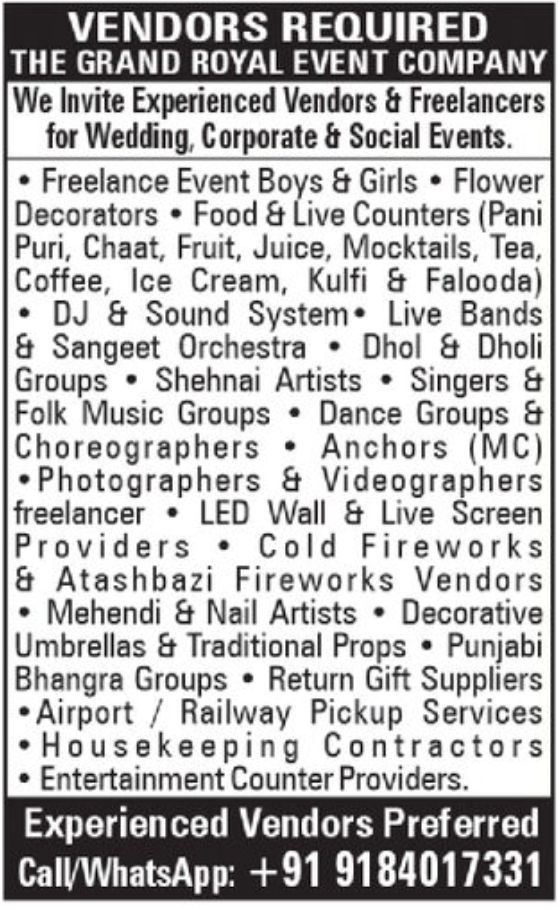 🎉 Vendors & Freelancers Required for Events in Ahmedabad