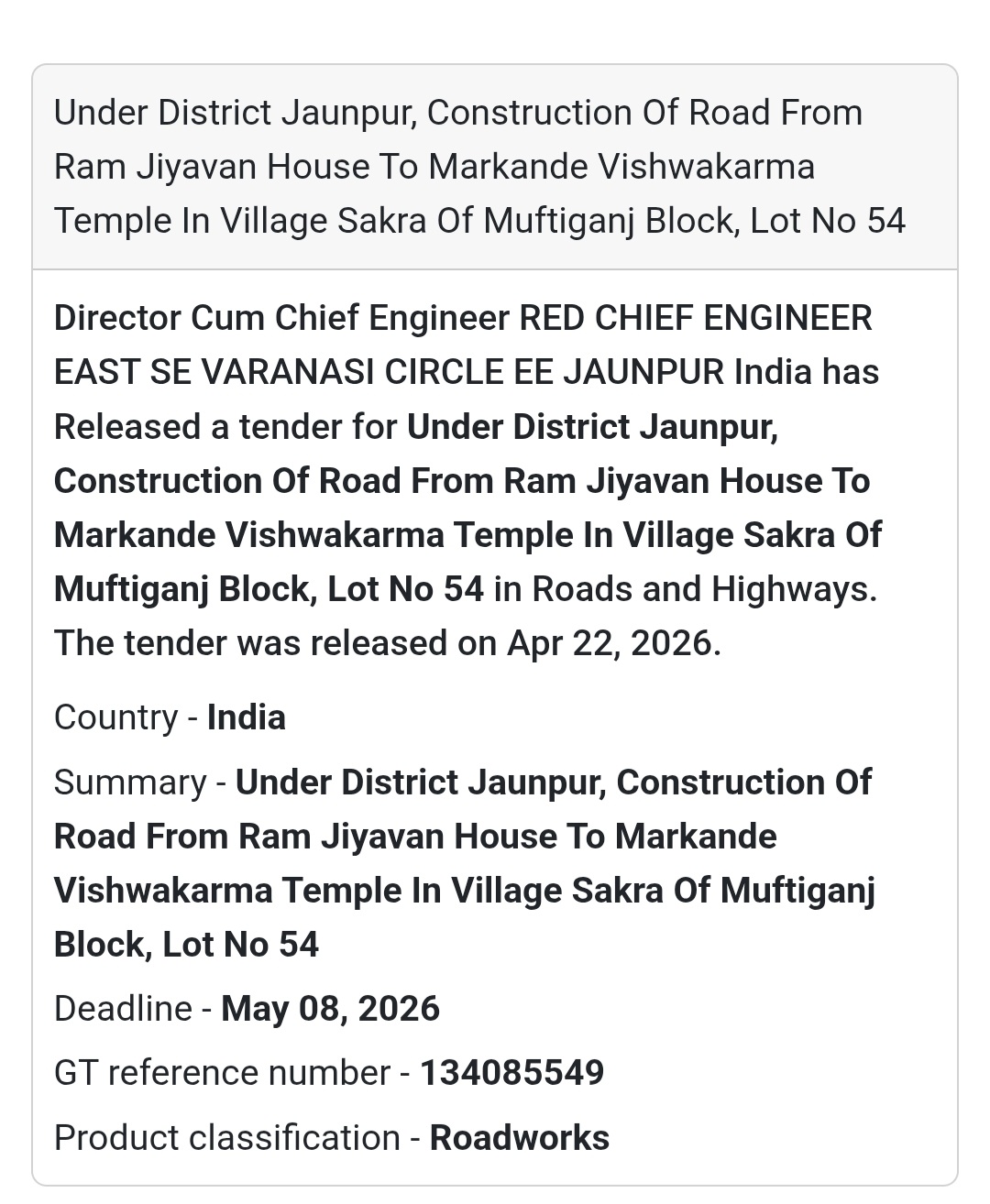 🛣️ Village Road Project – Sakra Muftiganj (Lot 54)