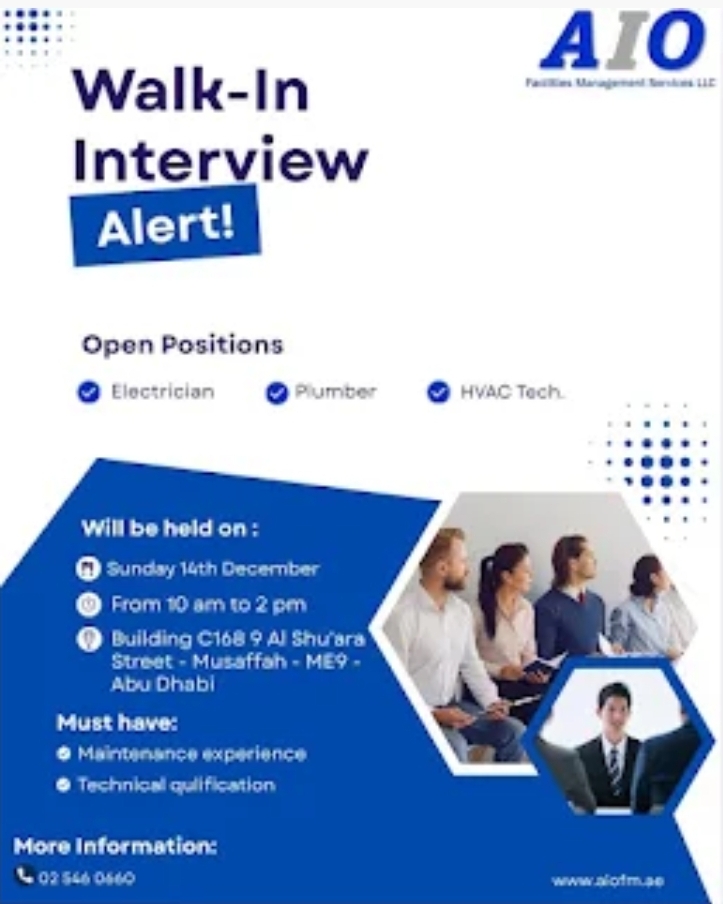 ⚡ Walk-In Interview Alert – AIO Facilities Management is Hiring in Abu Dhabi! 🇦🇪