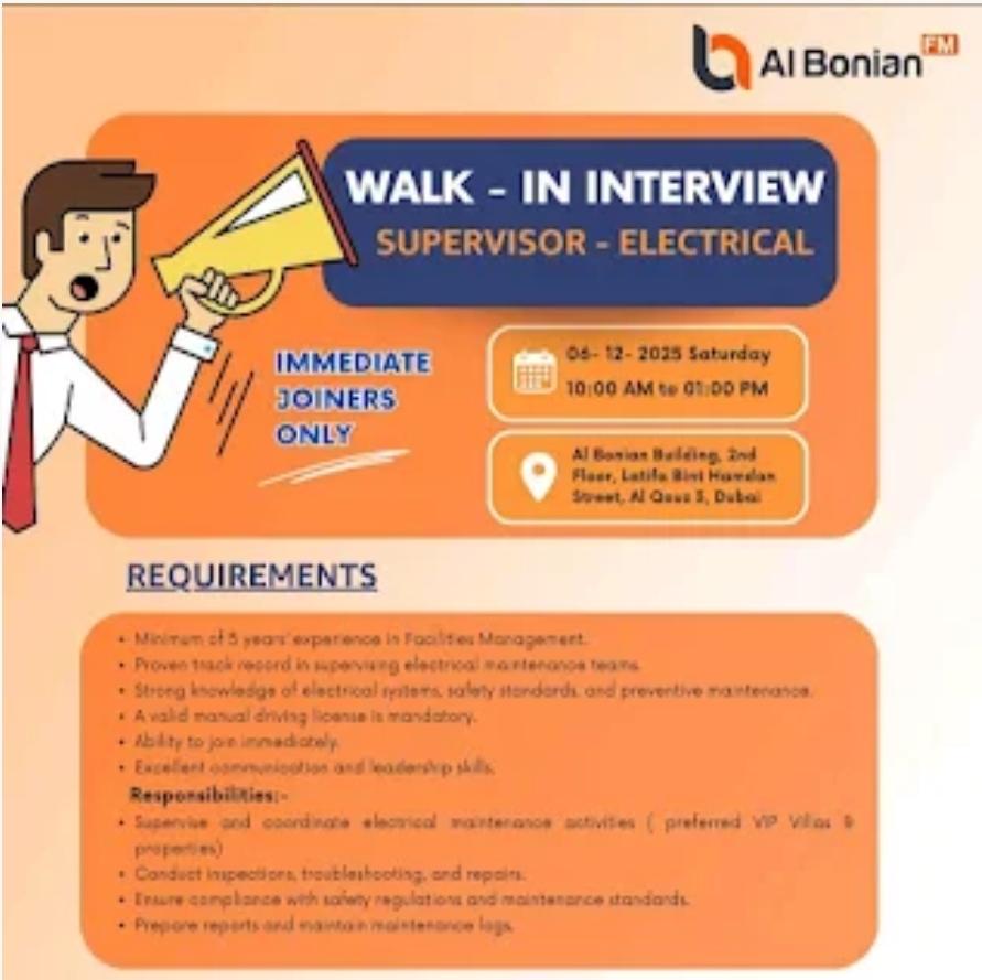 ⚡ Walk-In Interview Alert! Electrical Supervisor – Dubai 🇦🇪