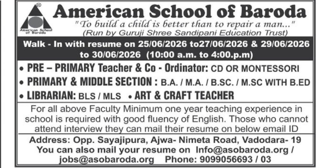 👩‍🏫 Walk-in Interview – American School of Baroda