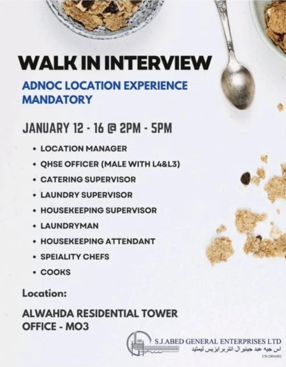 🍳 Walk-In Interview – Catering & Hospitality (ADNOC Sites)