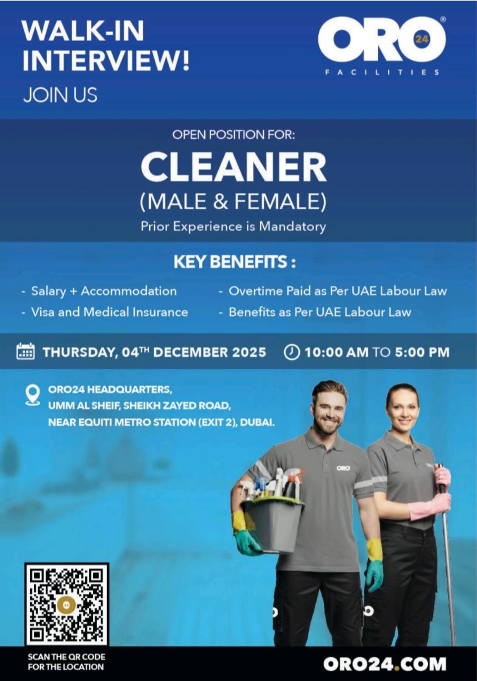 🧹 Walk-In Interview – Cleaner Jobs in Dubai (OR024 Facilities)