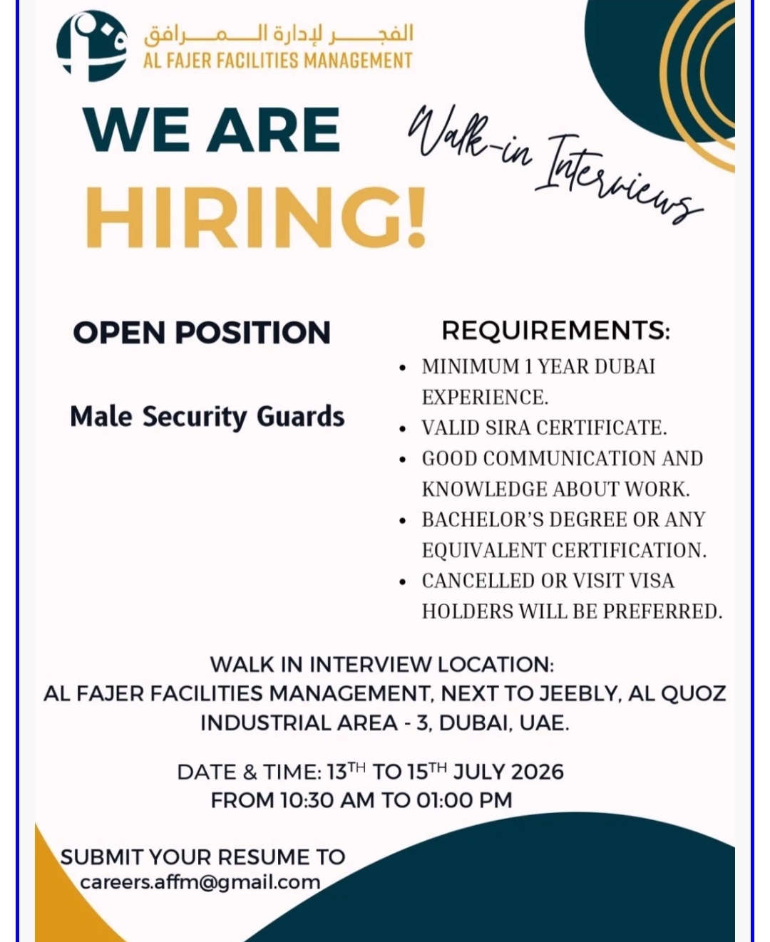 🛡️ Walk-in Interview – Dubai Security Guard Jobs