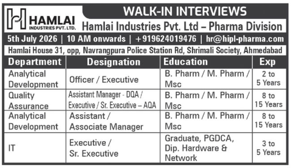 💊 Walk-in Interview – Hamlai Industries Pvt. Ltd. (Pharma Division)