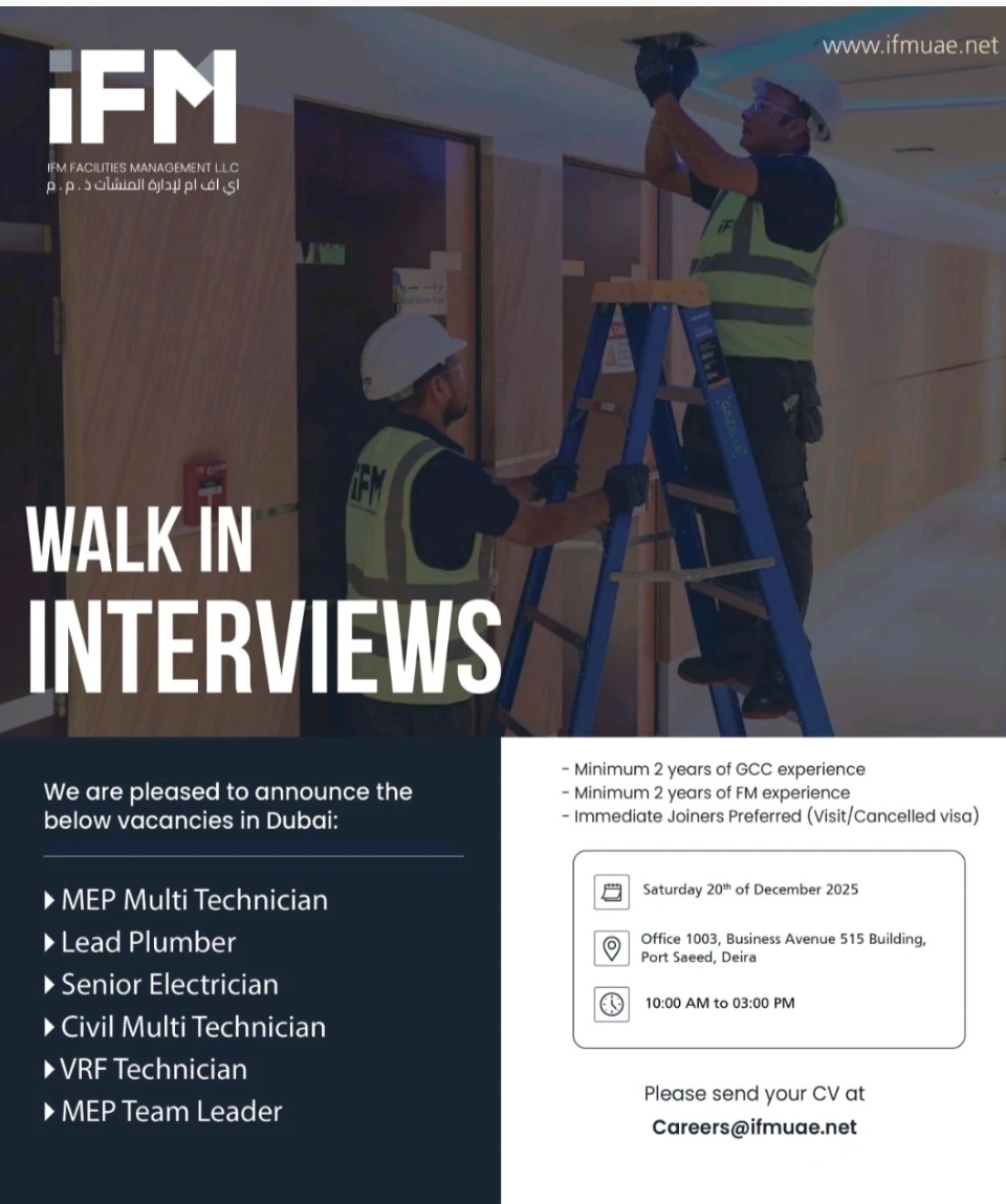🏢 WALK-IN INTERVIEW | IFM FACILITIES MANAGEMENT – DUBAI 🇦🇪