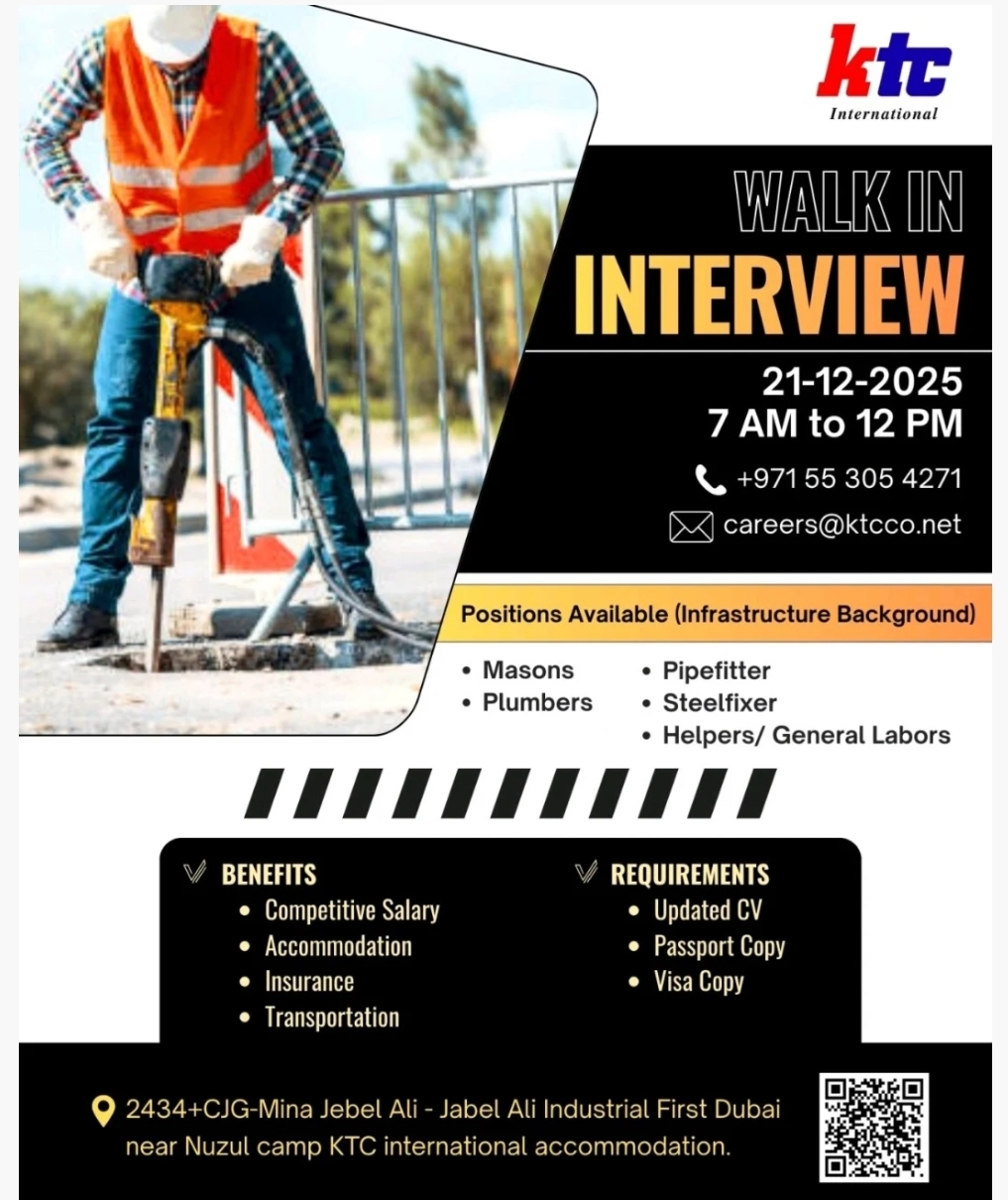 🚧 WALK-IN INTERVIEW | INFRASTRUCTURE JOBS – DUBAI 🚧