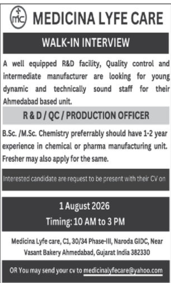 🧪 Walk-in Interview – Medicinalyfe Care