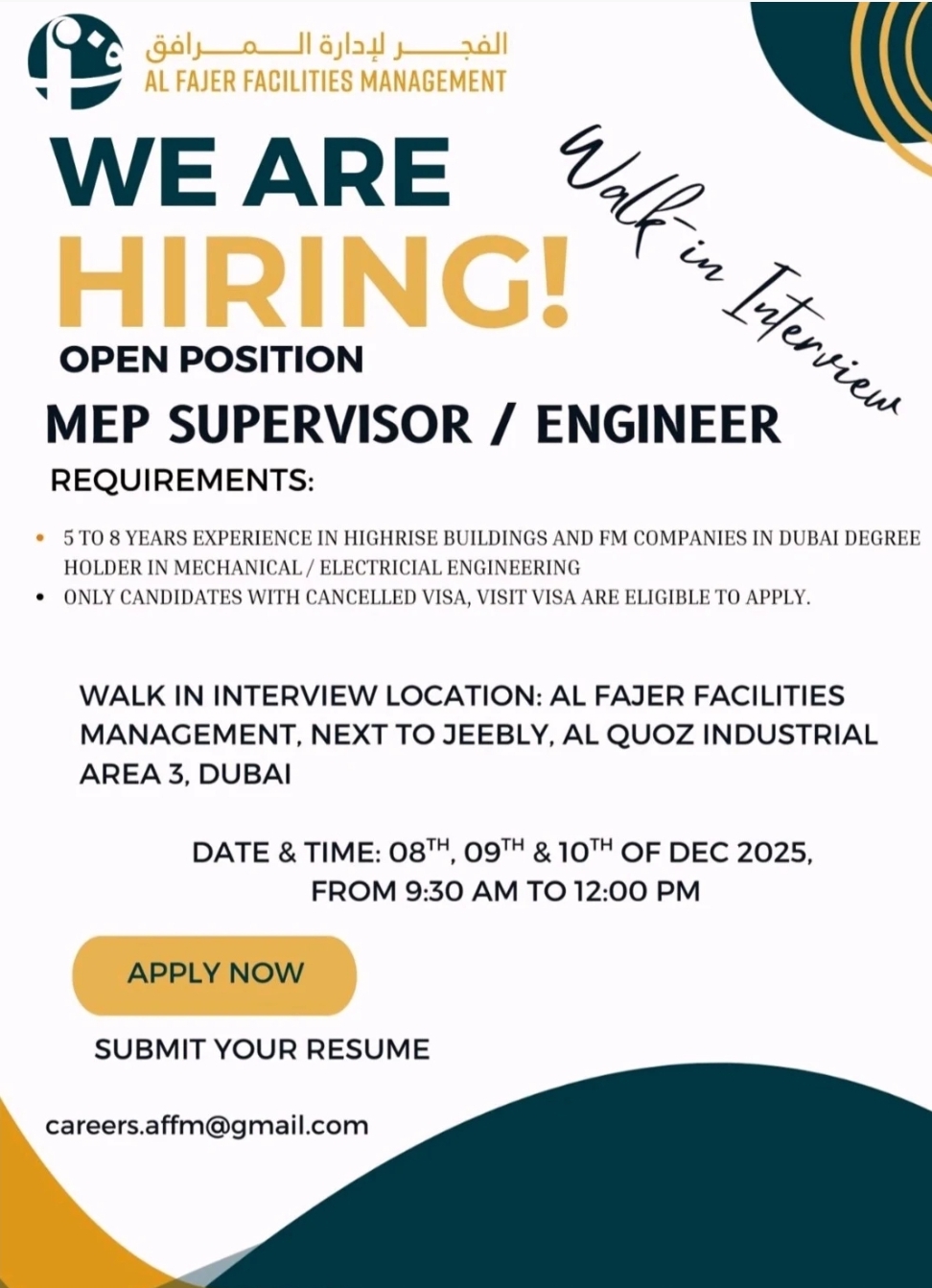 🔧 Walk-In Interview – MEP Supervisor / Engineer in Dubai!