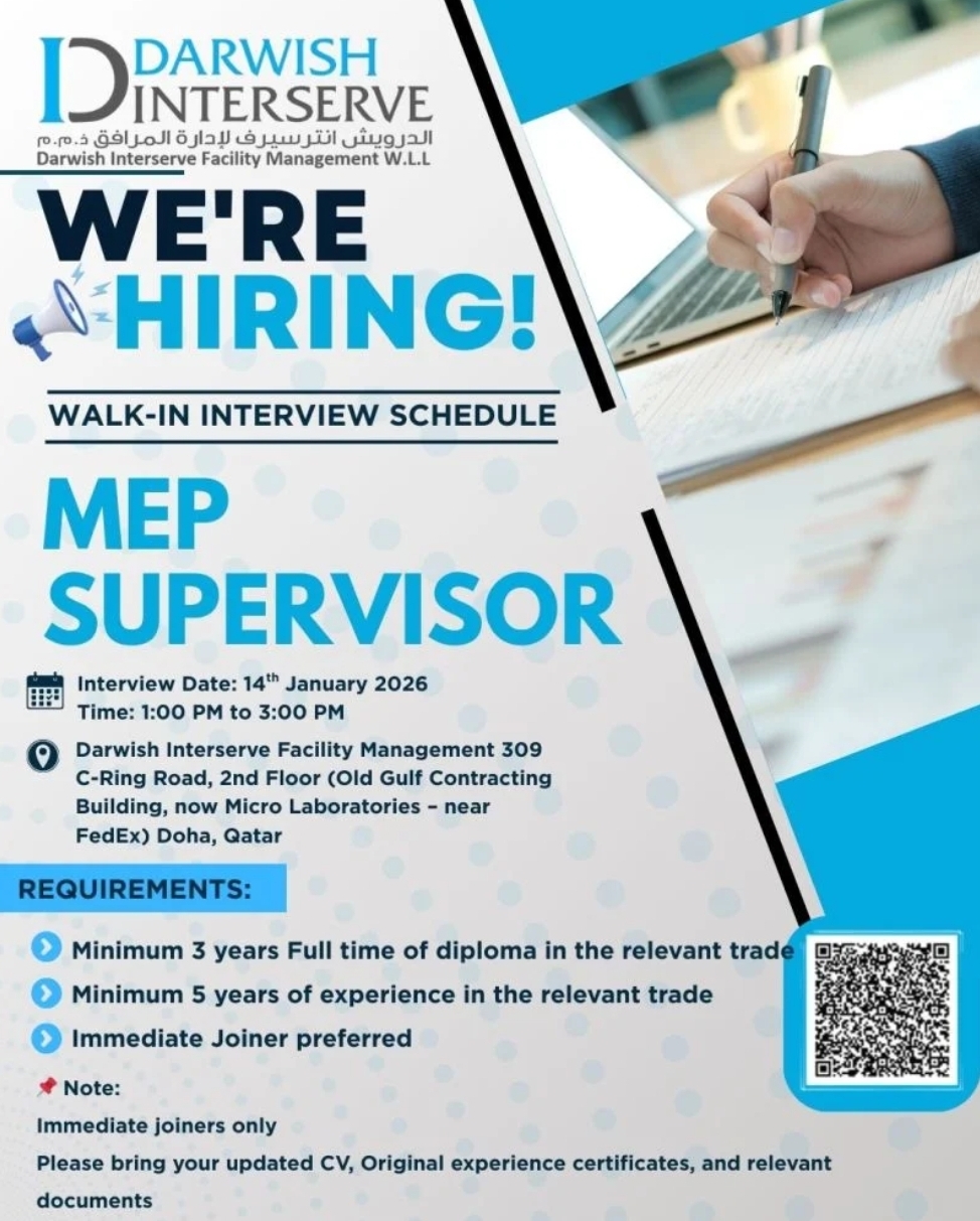 🔧 Walk-In Interview – MEP Supervisor (Qatar)