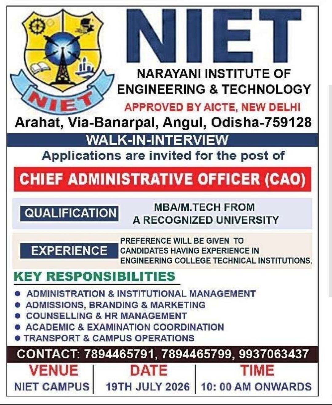 🎓 Walk-in Interview – NIET Angul