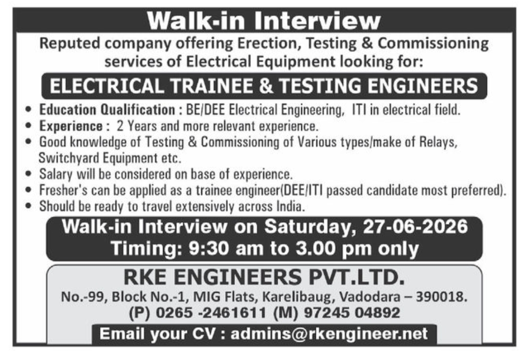 ⚡ Walk-in Interview – RKE Engineers Pvt. Ltd.