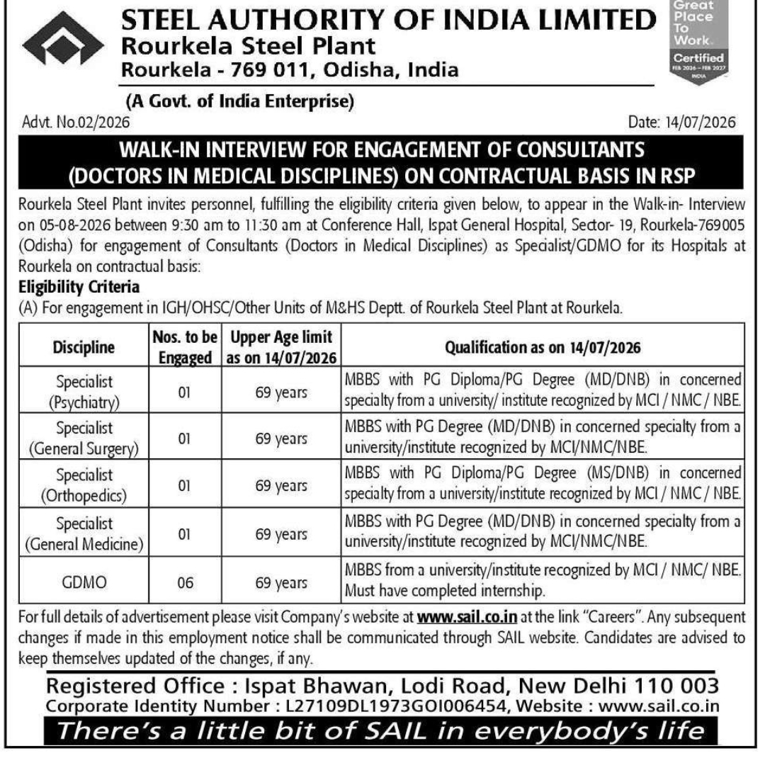 🏥 Walk-in Interview | SAIL Rourkela Steel Plant