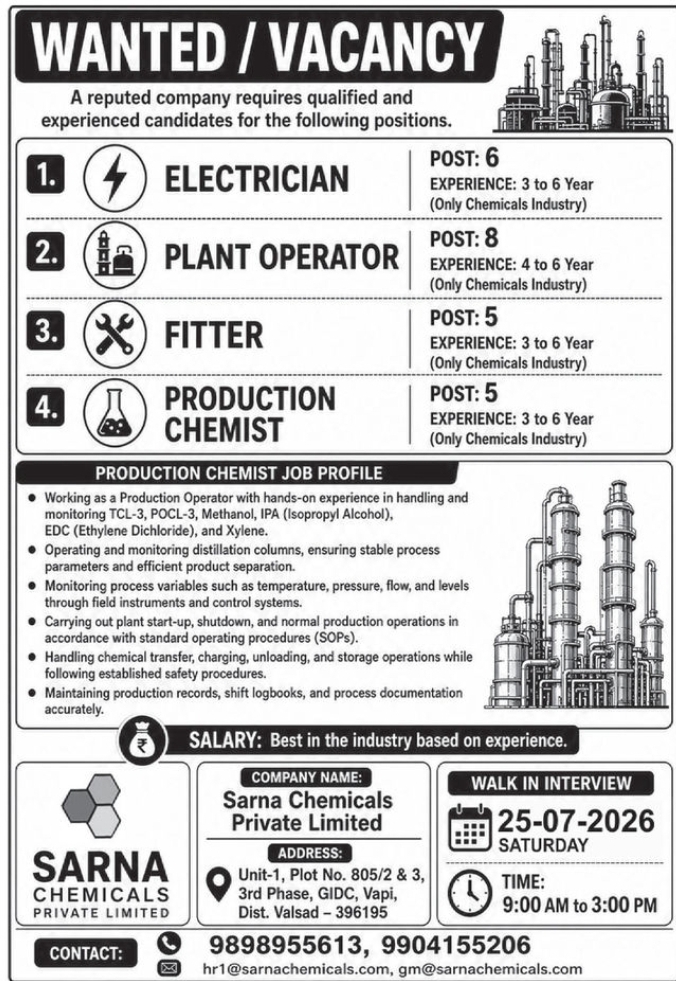 🧪 Walk-in Interview – Sarna Chemicals Pvt. Ltd. | 📍Location: Vapi