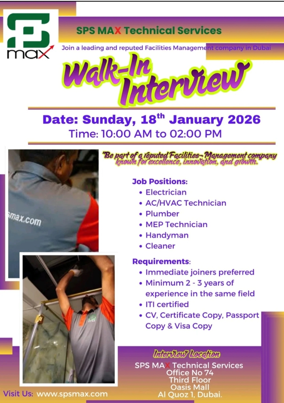 🧰 Walk-In Interview – SPS MAX Technical Services (Dubai)