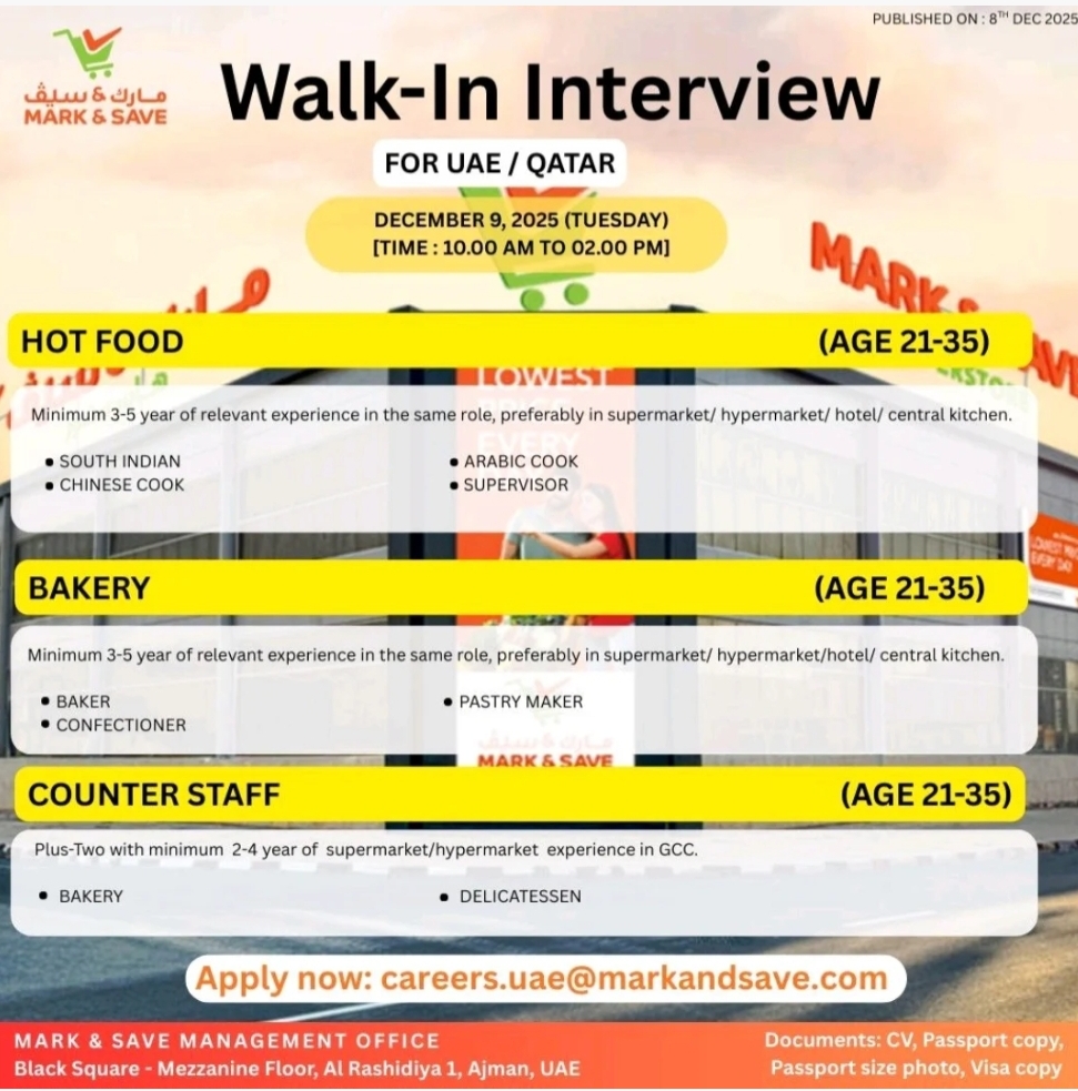 📢 Walk-In Interview – UAE & Qatar Job Opportunities at Mark & Save!
