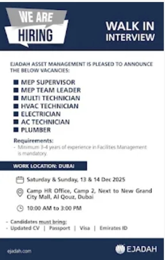 🚨 WALK-IN INTERVIEWS – EJADAH ASSET MANAGEMENT | DUBAI 🚨