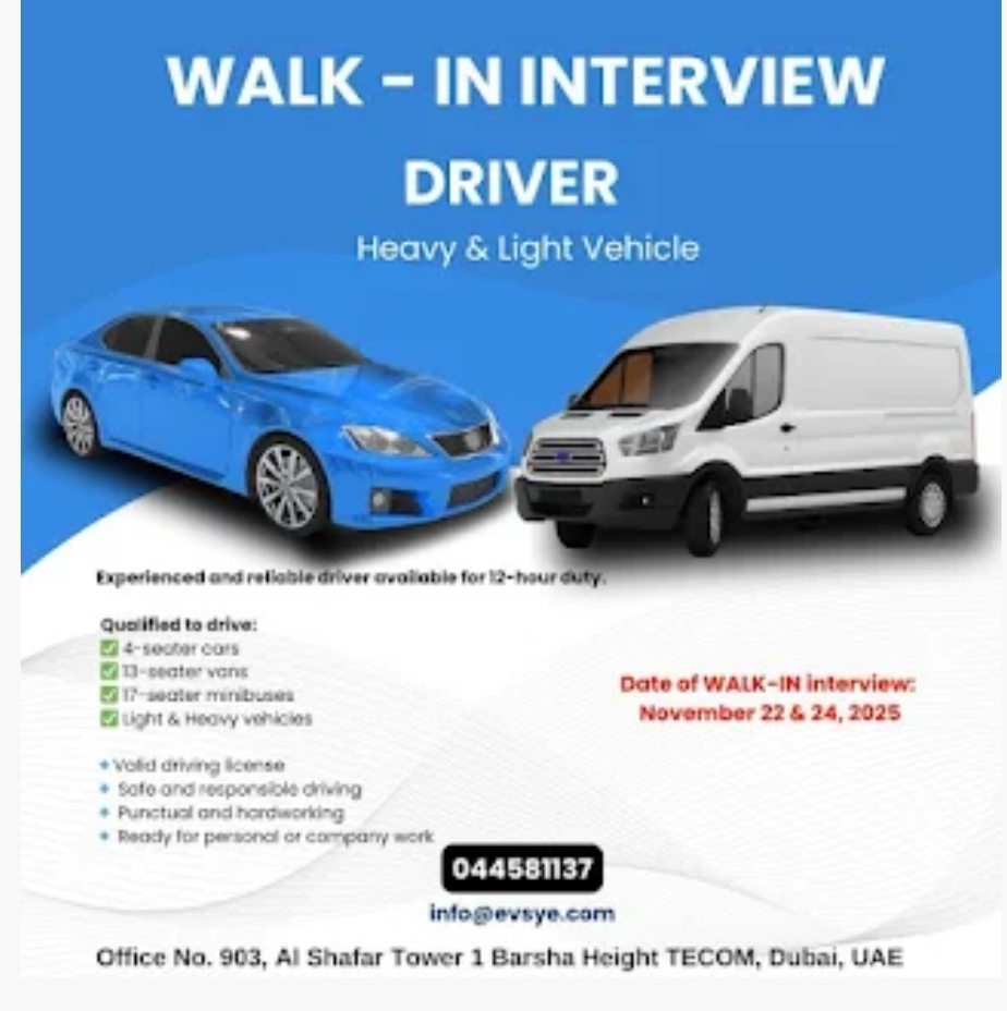 🚗 Walk-In Interviews for Driver Jobs in Dubai! 🇦🇪