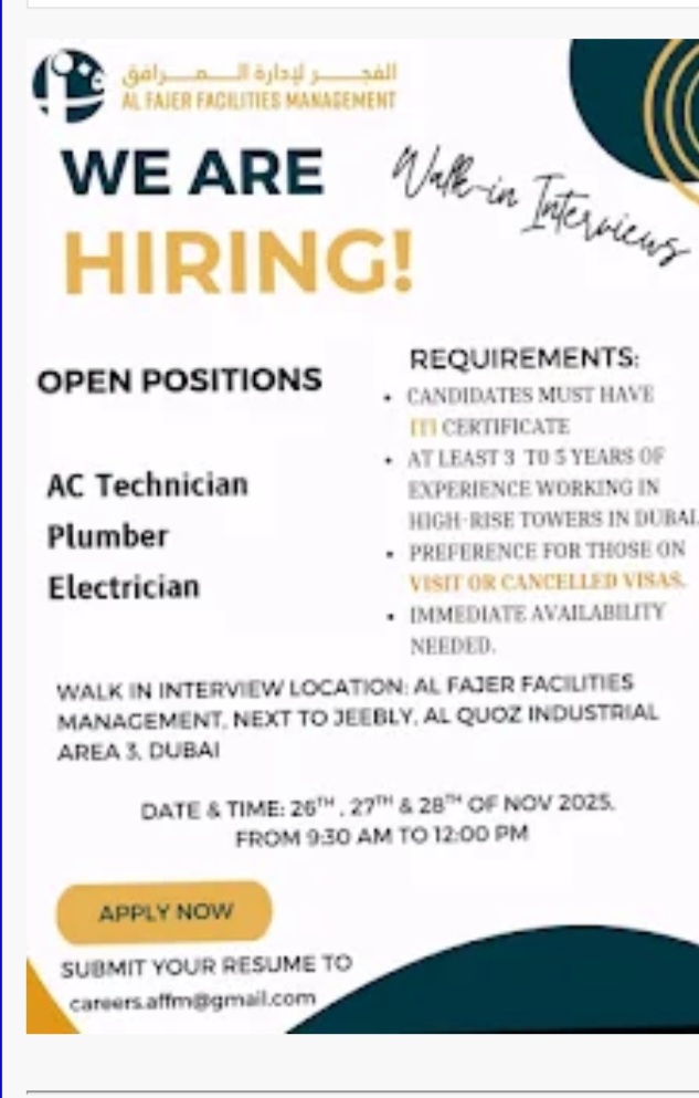🌟 Walk-In Interviews in Dubai – November 2025 🌟