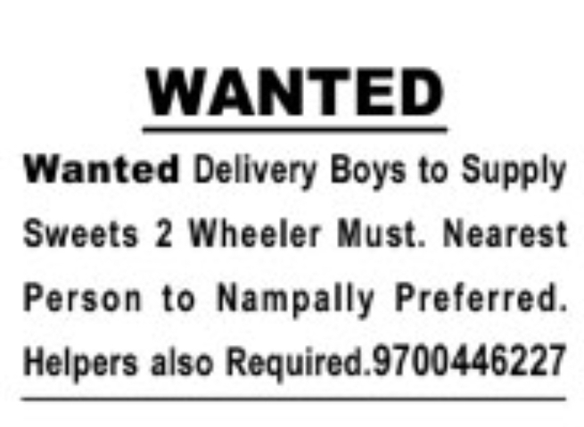 🚚 WANTED – DELIVERY BOYS & HELPERS