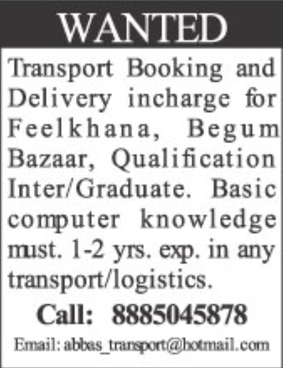 🚚 WANTED – TRANSPORT BOOKING & DELIVERY INCHARGE
