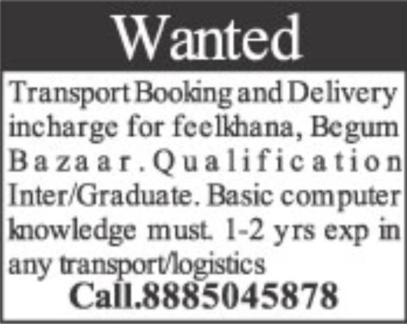 🚚 WANTED – TRANSPORT BOOKING & DELIVERY INCHARGE