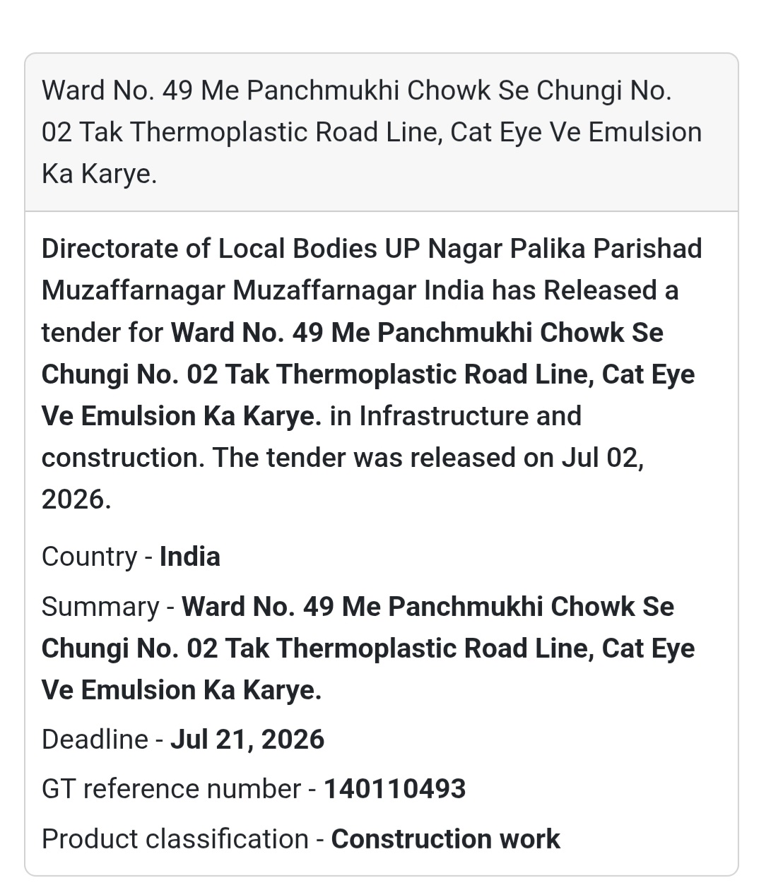 🚧 Ward No. 49 Panchmukhi Chowk Se Chungi No. 02 Tak Thermoplastic Road Line, Cat Eye & Emulsion Work