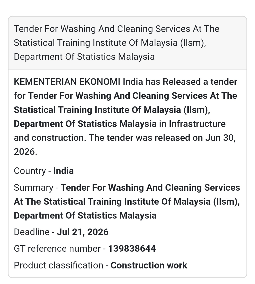 🧹 Washing & Cleaning Services Tender – Statistical Training Institute, Malaysia