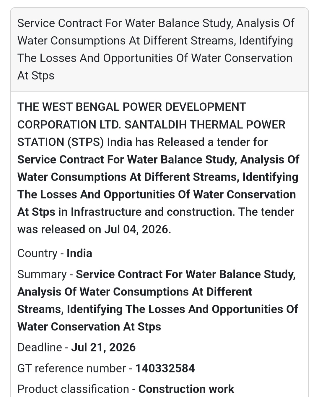 💧 Water Balance Study Service Contract | Santaldih Thermal Power Station
