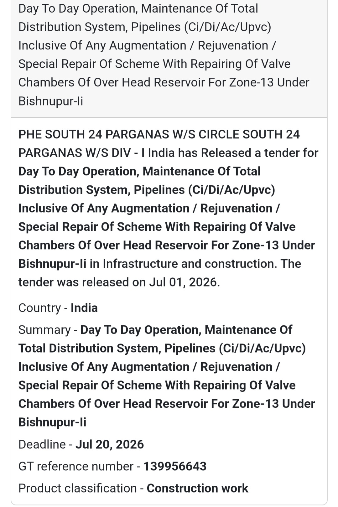 🚰 Water Distribution System Maintenance | South 24 Parganas, West Bengal