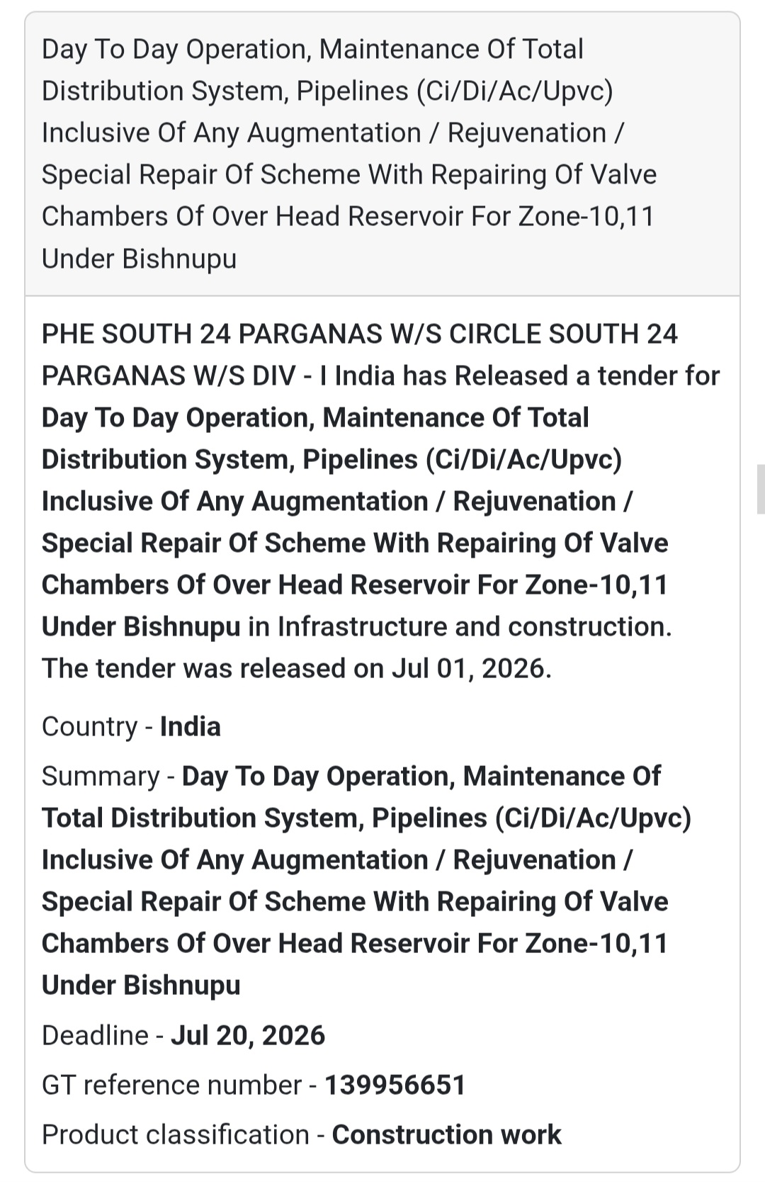 🚰 Water Distribution System Maintenance | South 24 Parganas, West Bengal