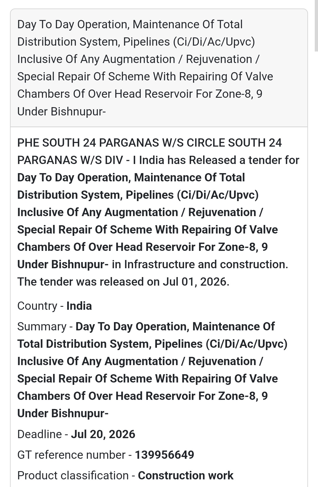 🚰 Water Distribution System Maintenance | South 24 Parganas, West Bengal