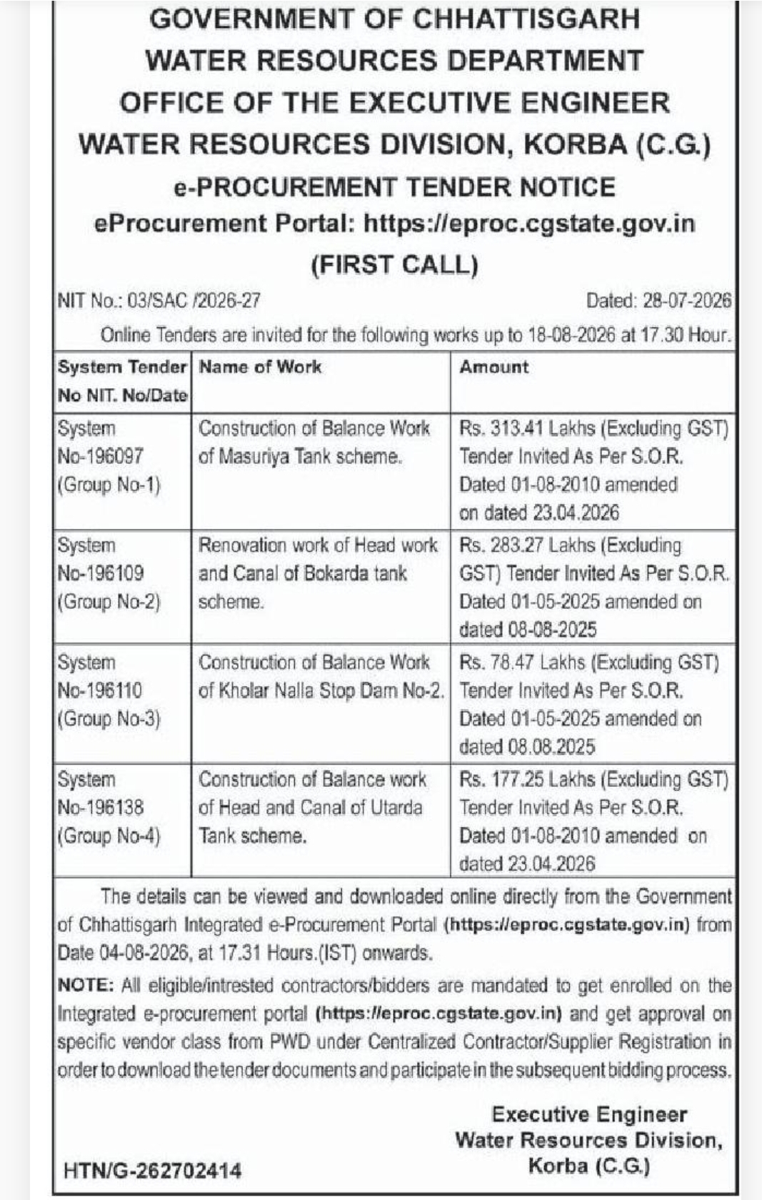 💧 Water Resources Department E-Procurement Tender | Korba