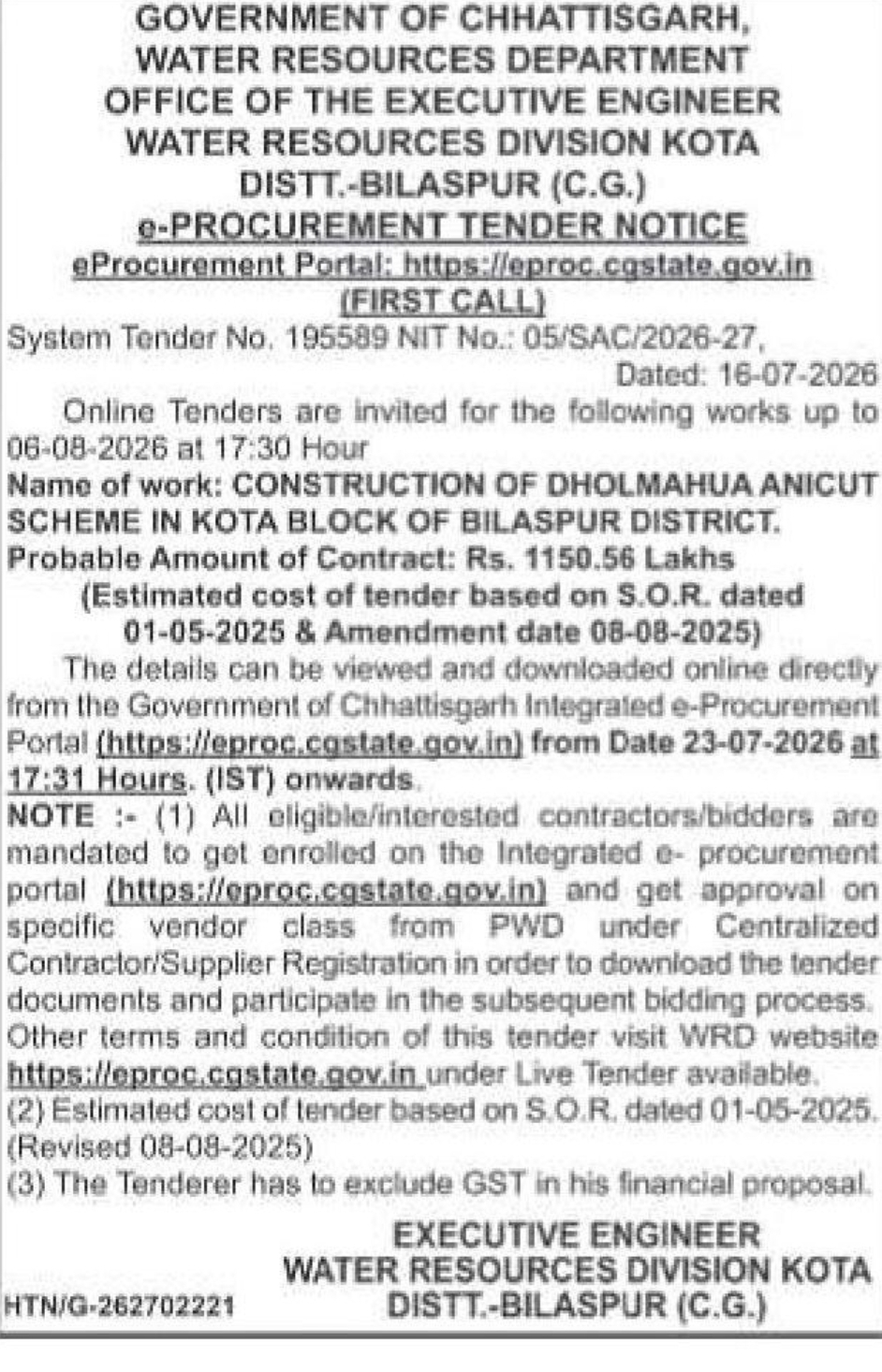 🌊 Water Resources Department | e-Procurement Tender | 📍Location: Bilaspur