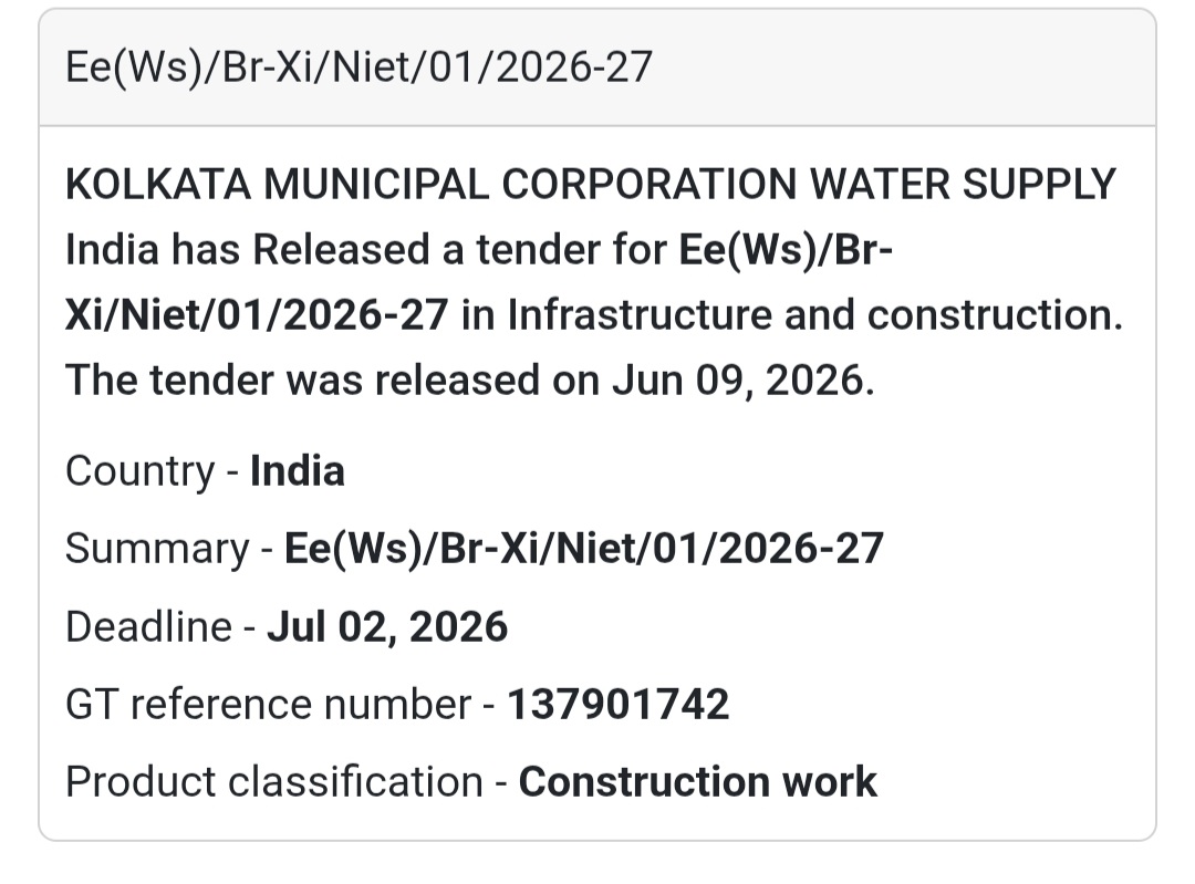 💦 Water Supply Infrastructure Work – EE(WS)/BR-XI/NIET/01/2026-27 | 📍 Kolkata, West Bengal