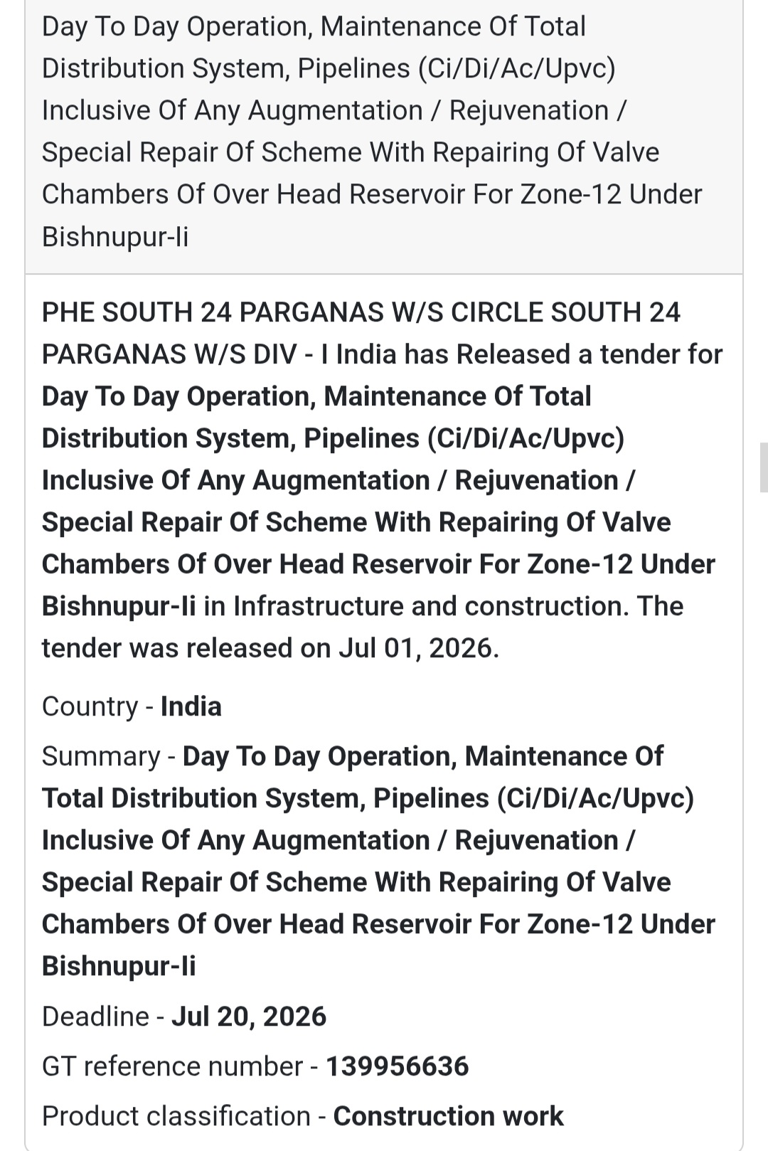 💧 Water Supply Maintenance Tender | South 24 Parganas, West Bengal