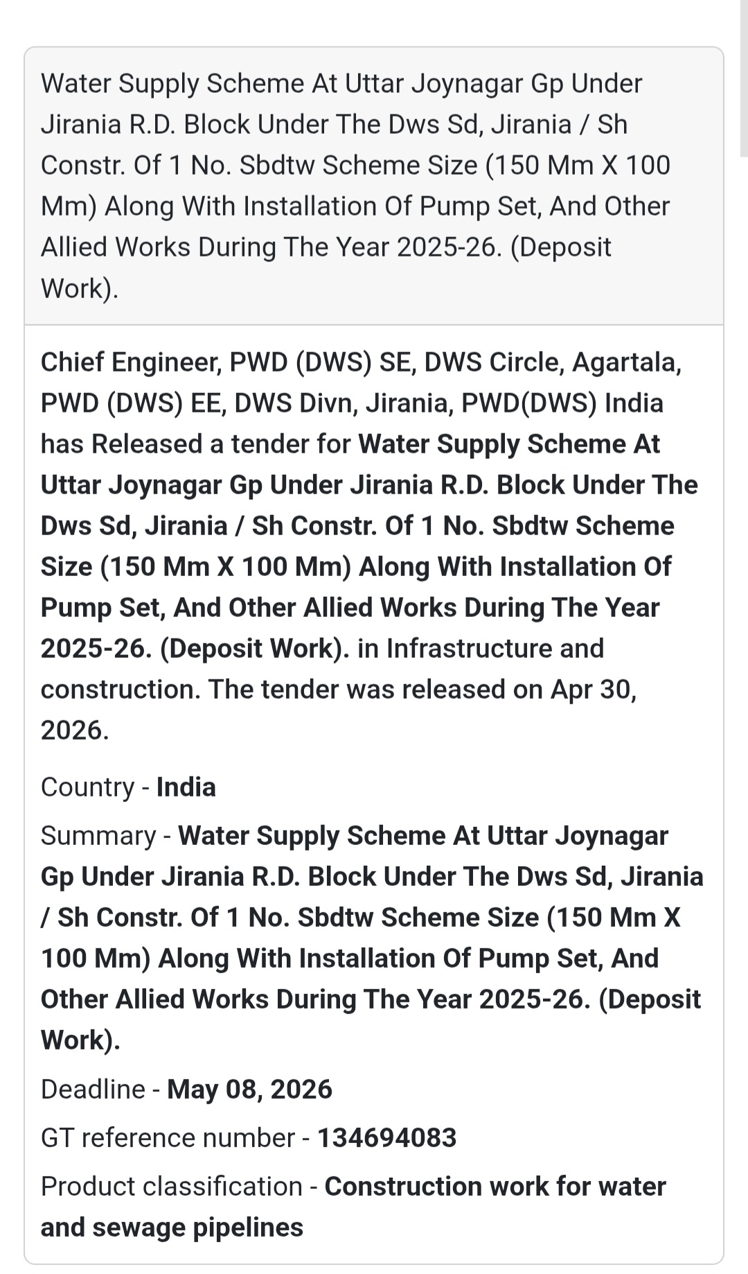 💧 Water Supply Scheme – Uttar Joynagar